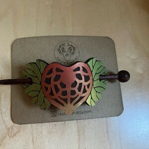 Heart-Shaped Leather Hair Clip with Leaf Design and wooden pin